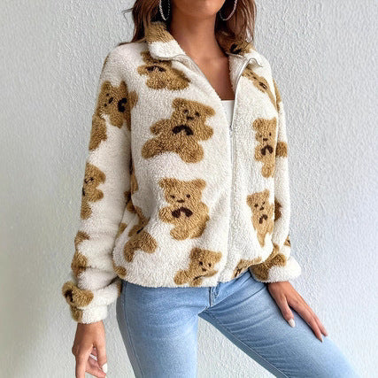 Fleece jacket for women with bear pattern and high collar Amarae