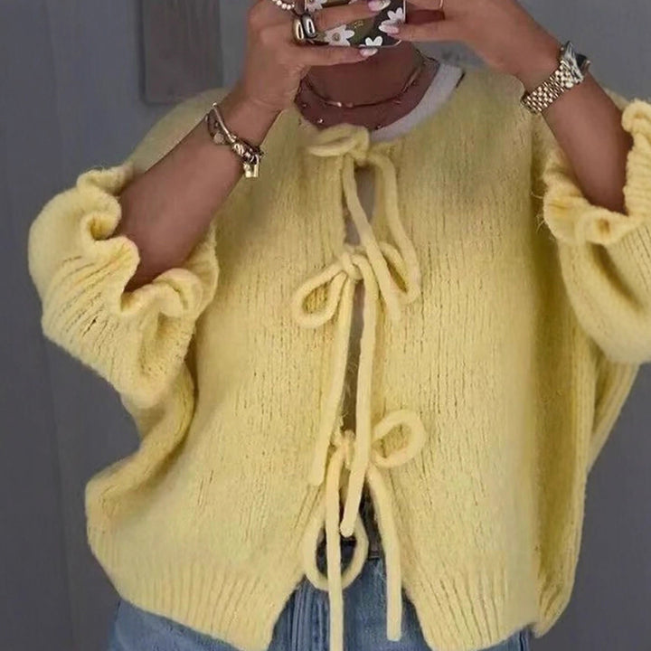 Women's Cozy Short Knit Cardigan with Tie Details, Ruffle Sleeves, and Loose Oversized Cut Amarae