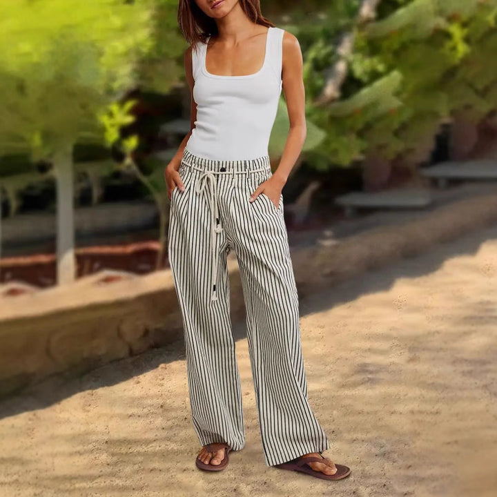 Casual wide striped pants for women with elastic waistband and tie belt Lune London