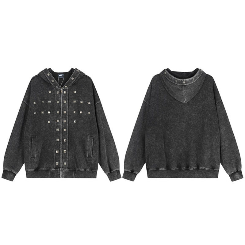 Women Oversize Zip Hoodie with Vintage Wash and Pyramid Studs Amarae