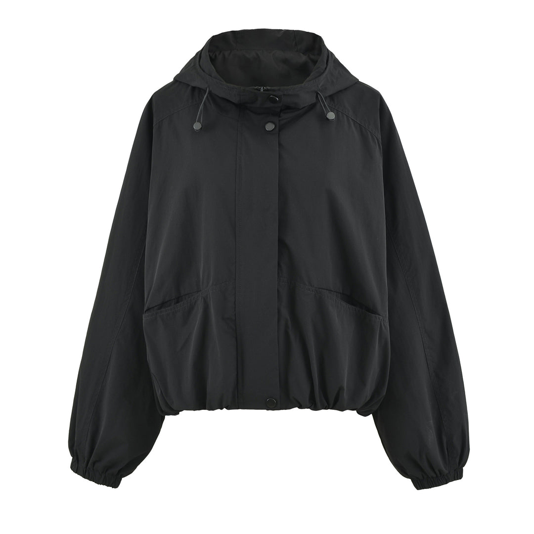 Women's short jacket with hood, drawstring, kangaroo pockets, and elastic waistband Amarae