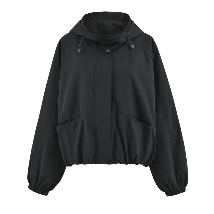 Women's short jacket with hood, drawstring, kangaroo pockets, and elastic waistband Amarae