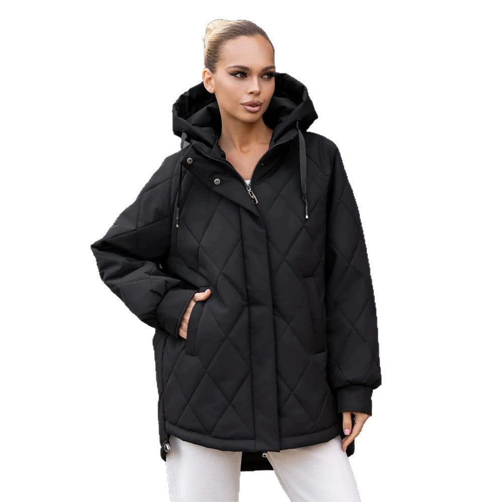 Women's quilted parka in diamond quilting pattern with hood and extended back Amarae