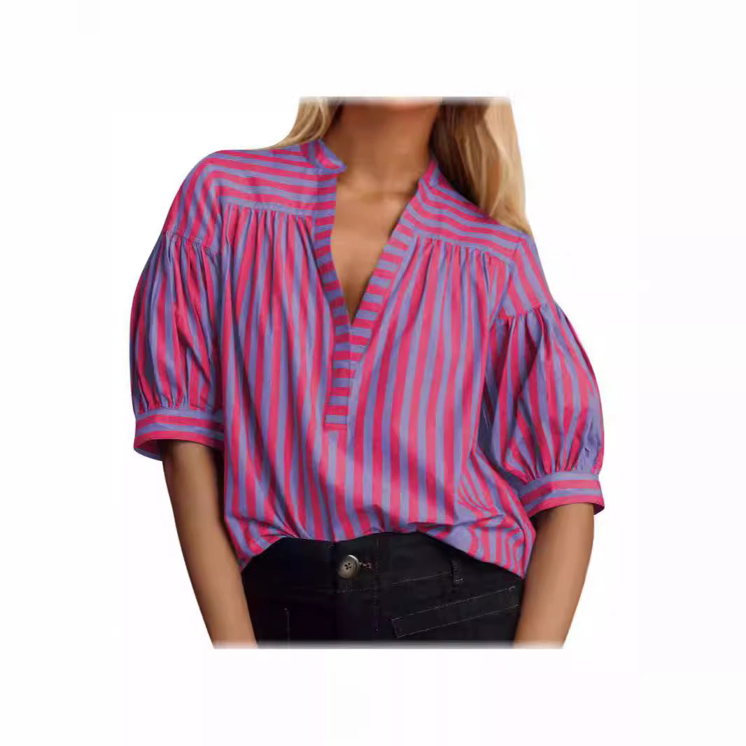 Puff sleeve blouse for ladies with V-neck and striped pattern Lune London
