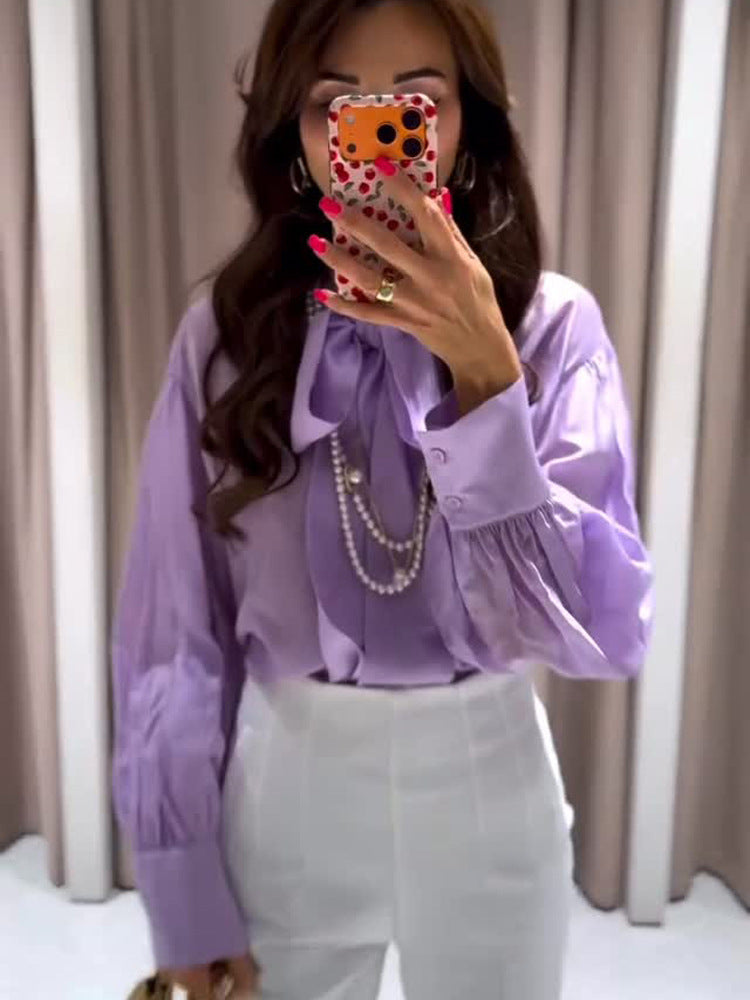 Women's Satin Bow Blouse with Balloon Sleeves & Wide Cuffs Amarae