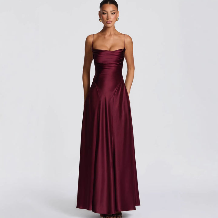 Women's Elegant Maxi Dress with Refined Spaghetti Straps and Flowing Satin Lune London
