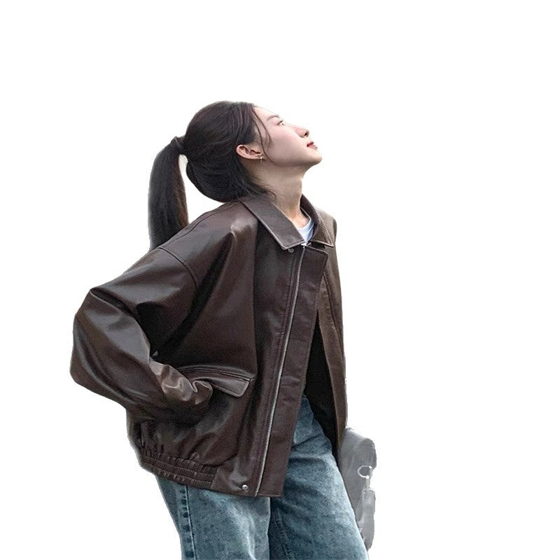 Women's Fashion Leather Jacket with Oversized Sleeves and Elastic Hem Chic & Stil