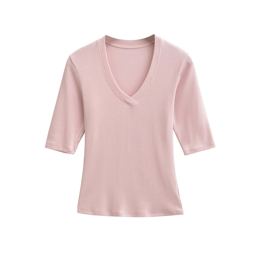 Women's Fitted V-Neck Three-Quarter Sleeve Fine Rib Top made of Stretch Jersey Amarae