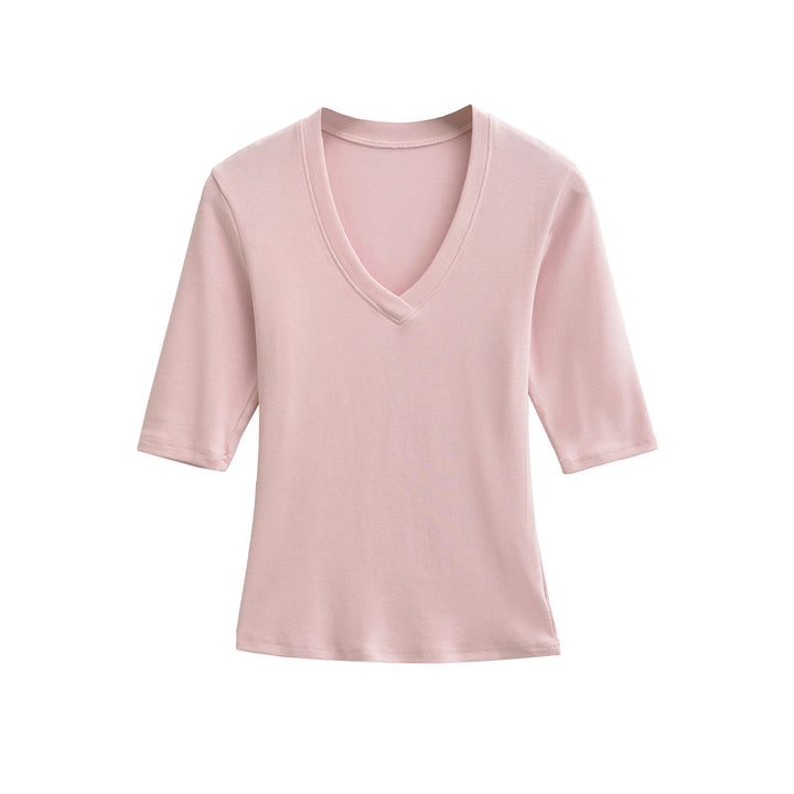 Women's Fitted V-Neck Three-Quarter Sleeve Fine Rib Top made of Stretch Jersey Amarae