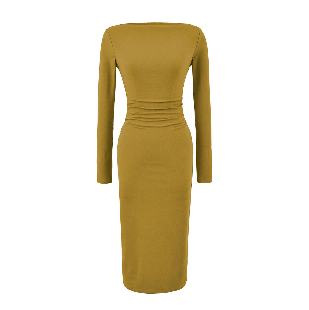 Women Figure-hugging Midi Dress with Gathering and Boat Neck Amarae