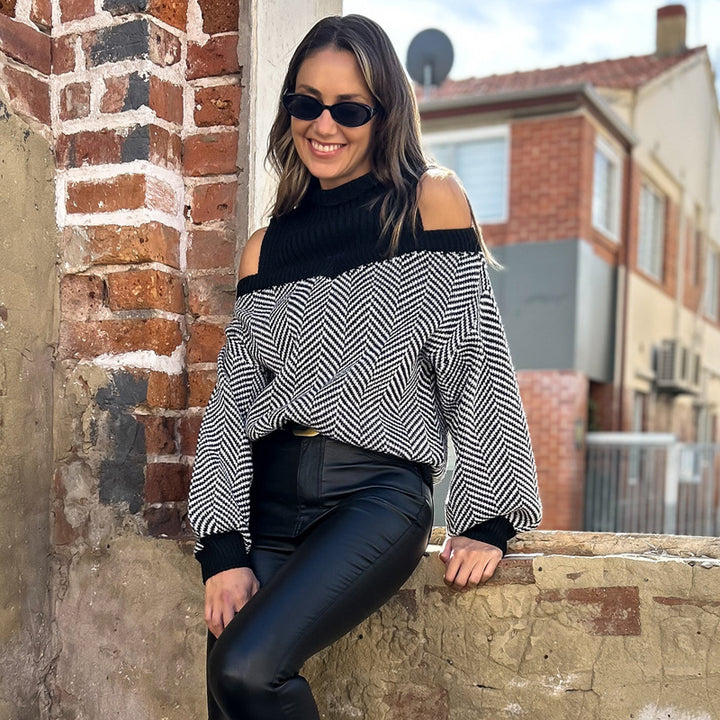 Fashion women's sweater with off-shoulder design and zigzag pattern Lune London