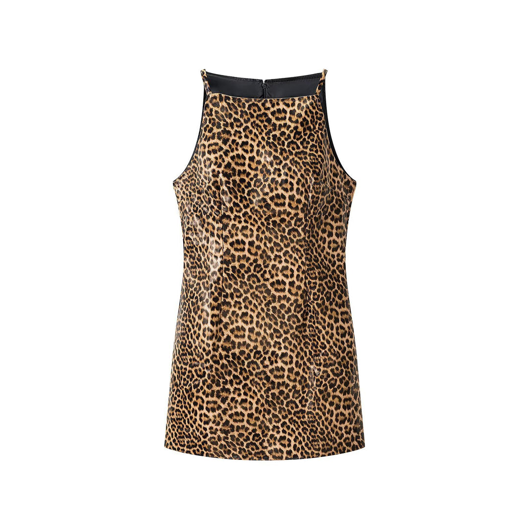 Women's Leopard Mini Dress with Thin Straps and High Neckline Amarae