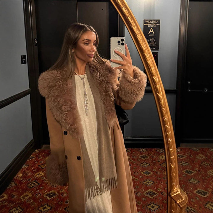 Ladies Maxilength Wool Blend Coat with Detachable Curly Faux Fur Shawl Collar and Fur Cuffs Amarae
