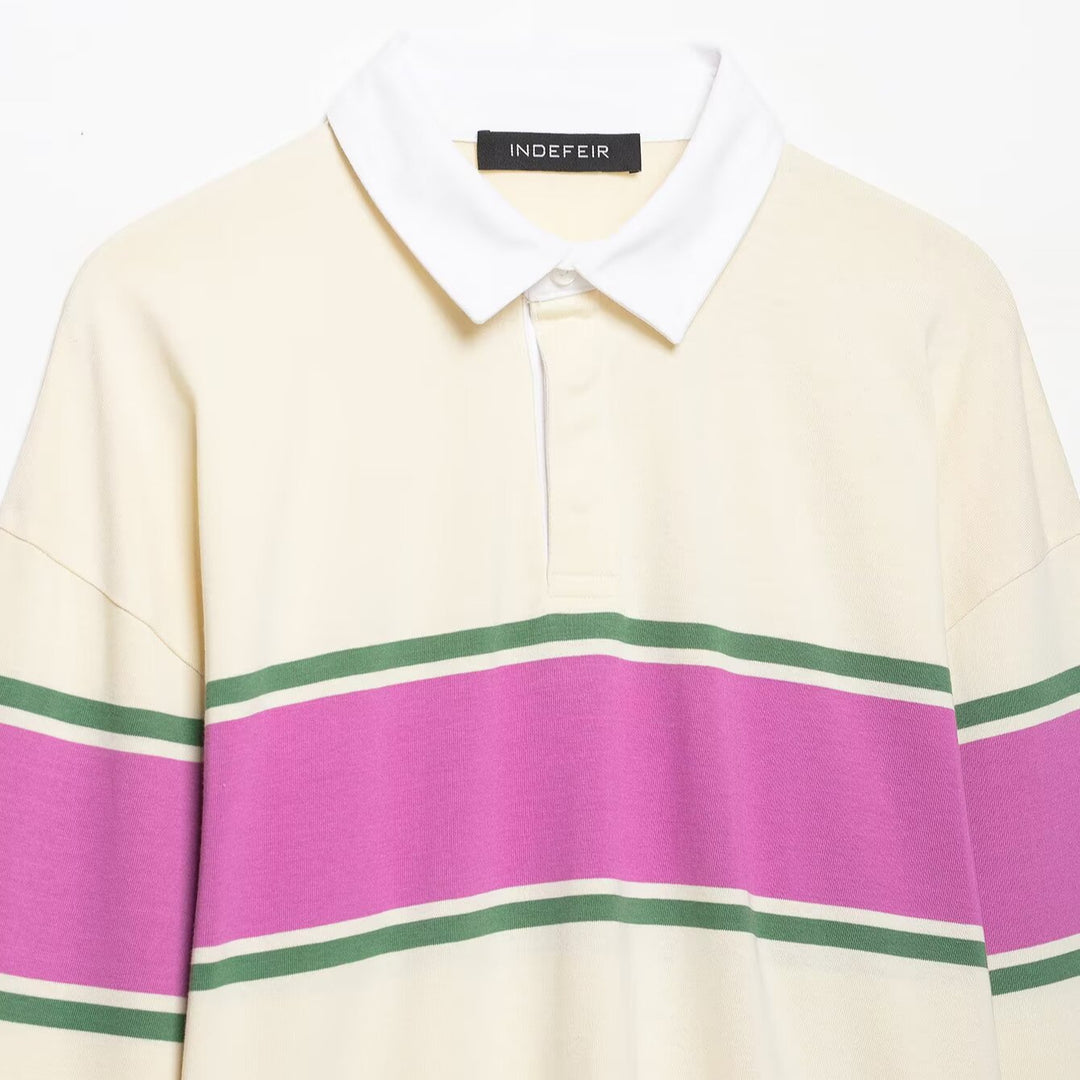 Women's Oversize Rugby Polo Shirt with Wide Block Stripes and Kent Collar Amarae