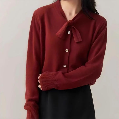 Elegant knitted jacket for women with bow accent and high-quality buttons Amarae