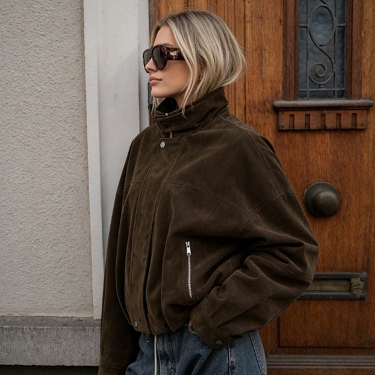 Women's Boxy Suede Bomber Jacket with High Stand Collar and Elastic Hem Amarae