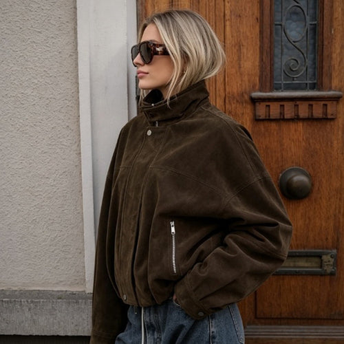 Women's Boxy Suede Bomber Jacket with High Stand Collar and Elastic Hem Amarae