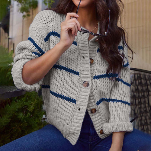Knitted jacket for women with casual stripes and practical buttons Amarae