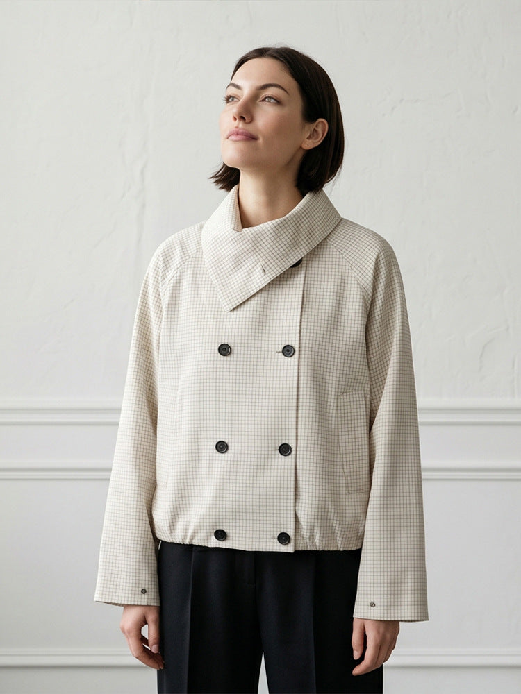 Women's Short Double-Breasted Blouson Jacket with Wrap Collar and Raglan Sleeves Amarae