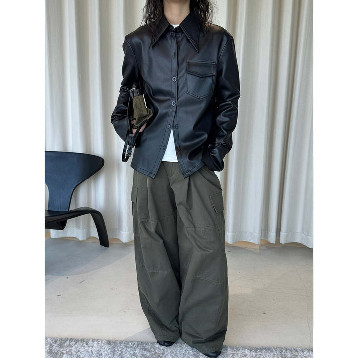 Women's fine structured faux leather shirt jacket with stiff collar and patch pocket Amarae