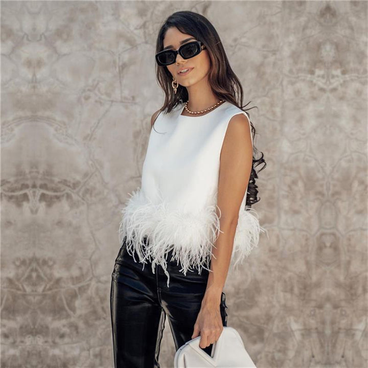 Ladies Elegant Top with Feathers and Chic Round Neck