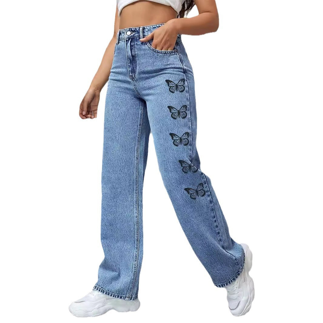 Ladies High-Waist Loose-Fit Denim Pants with Side Butterfly Print Amarae