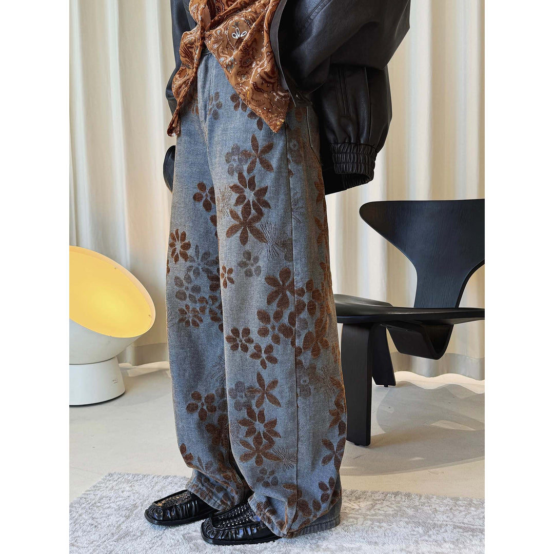 Women's High-Waisted Baggy Jeans with Floral Velvet Print Amarae