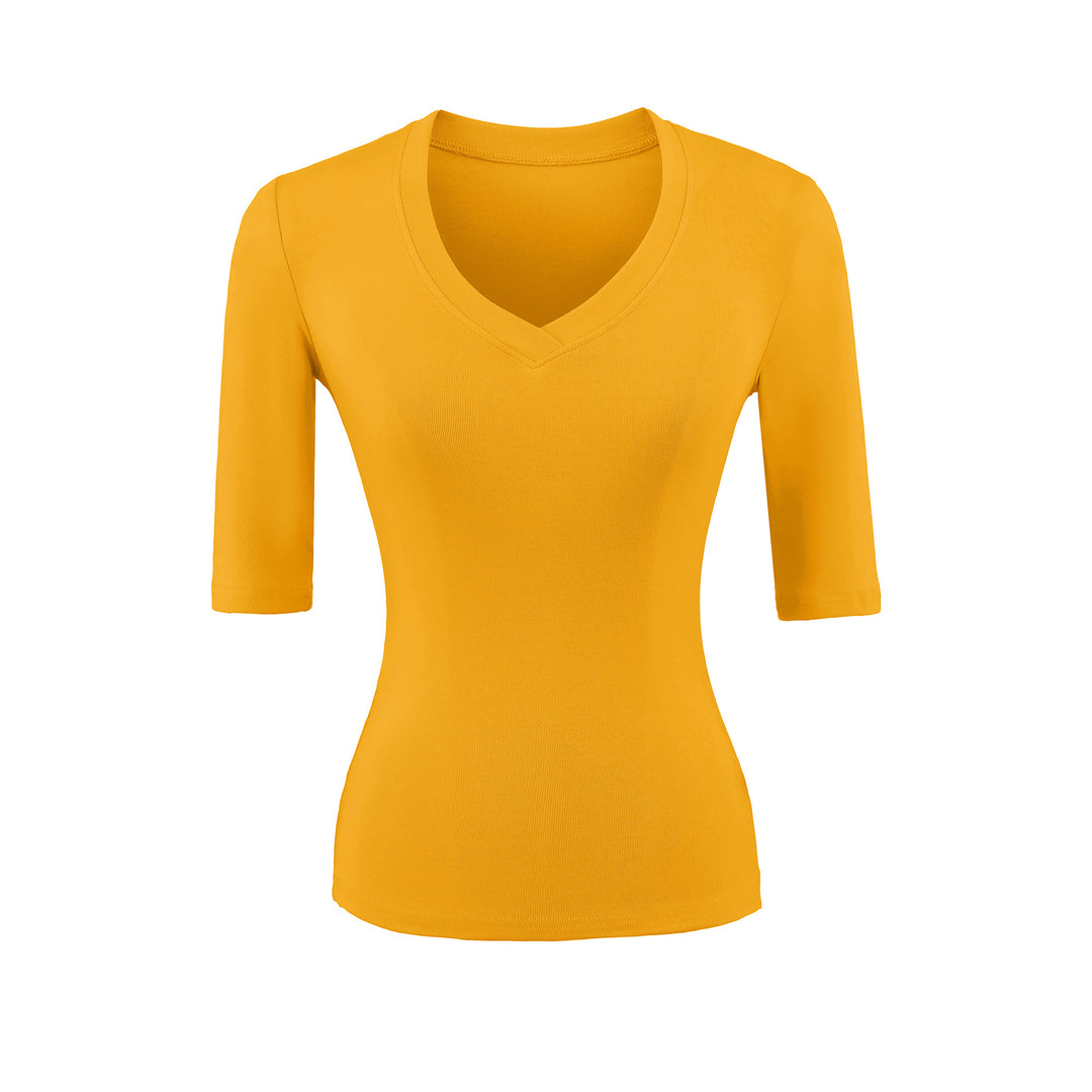 Women's Fitted V-Neck Three-Quarter Sleeve Fine Rib Top made of Stretch Jersey Amarae