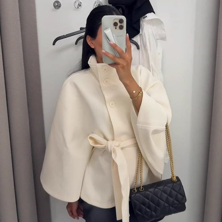 Women Elegant Wool Cape with Waist Belt, Standing Collar and Concealed Button Placket Amarae
