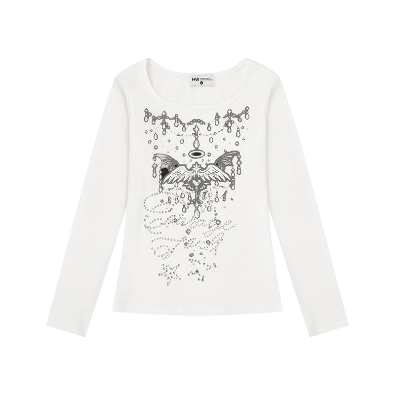Women's long-sleeve shirt with round neckline, rhinestone print and angel motif Amarae