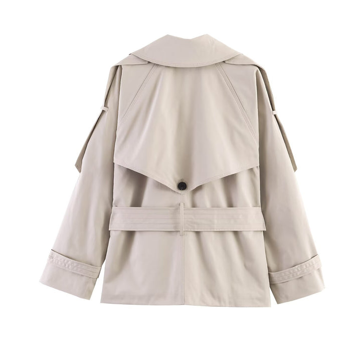 Women's Short Trench Coat with Waist Belt and Cape Detail Amarae