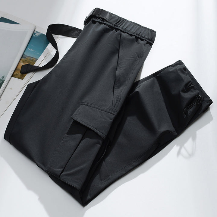 Men's cargo joggers with elastic waistband, drawstring, adjustable leg cuffs, and patch pockets.