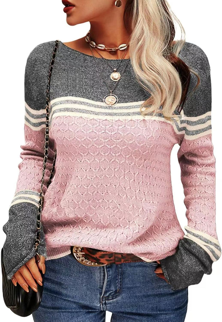 Pull tricoté décontracté pour femmes avec des blocs de couleur contrastants et une texture unique Chic & Stil