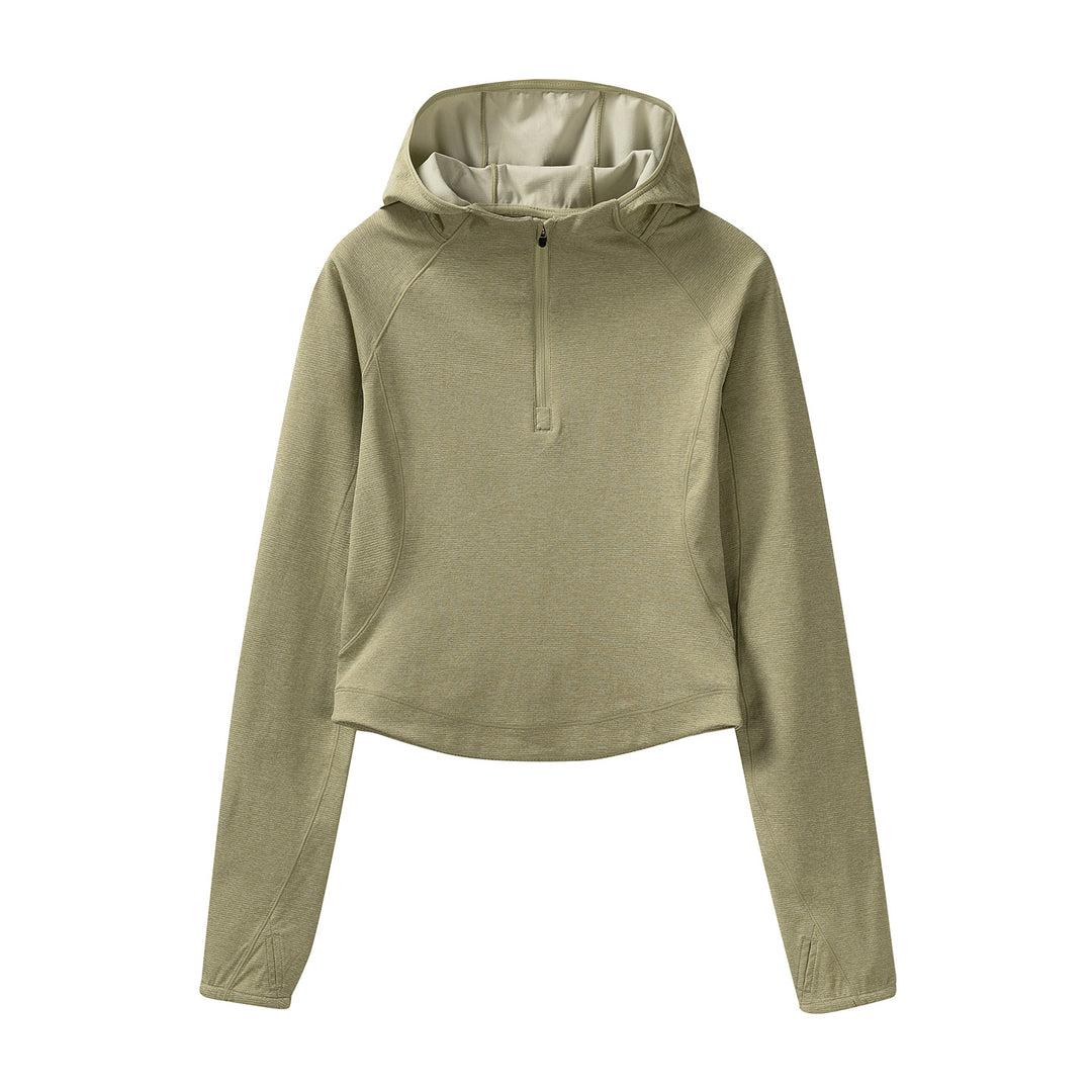 Women's Cropped Technical Hoodie with Half Zip, Hood and Thumb Holes Amarae