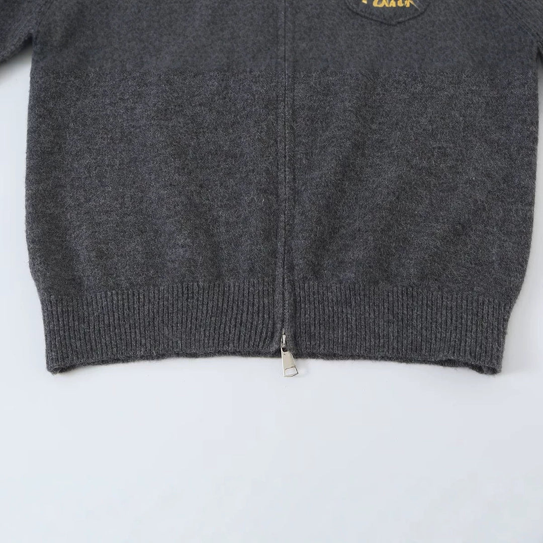 Women Short Wool Blend Cardigan with Zipper and Contrasting Faux Leather Collar Amarae