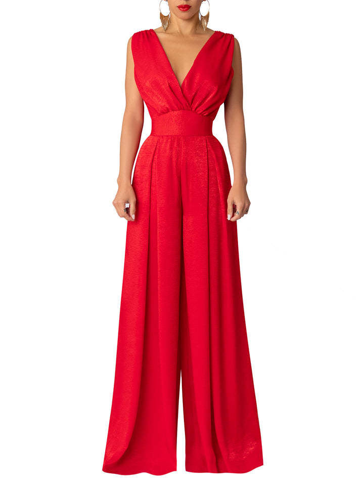 Ladies Jumpsuit with Deep V-Neck and Wide Cut Leg Lune London