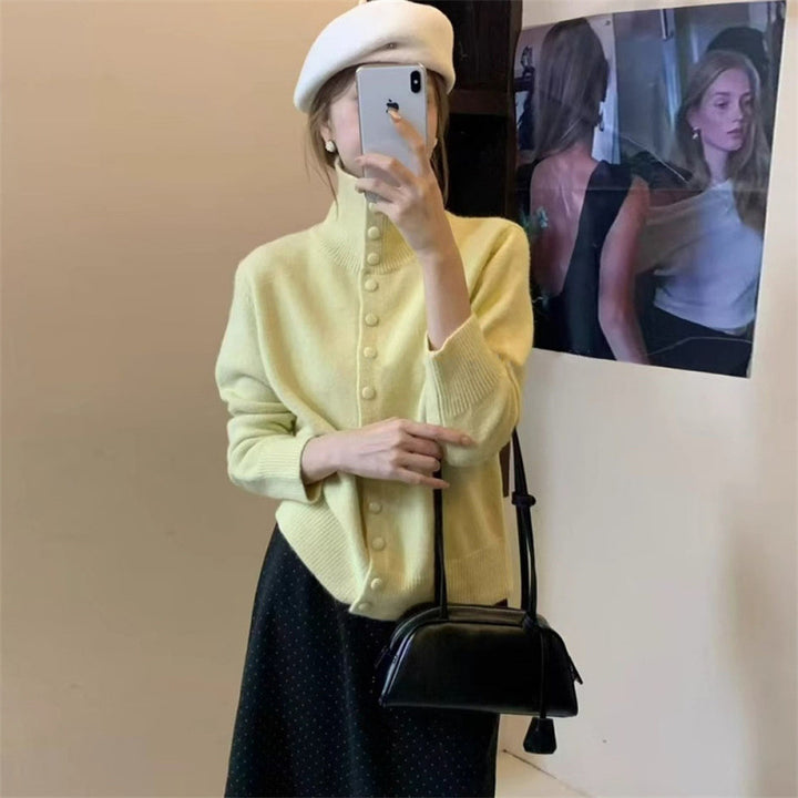 Pull en maille pour femme avec col montant et détail de bouton Chic & Stil
