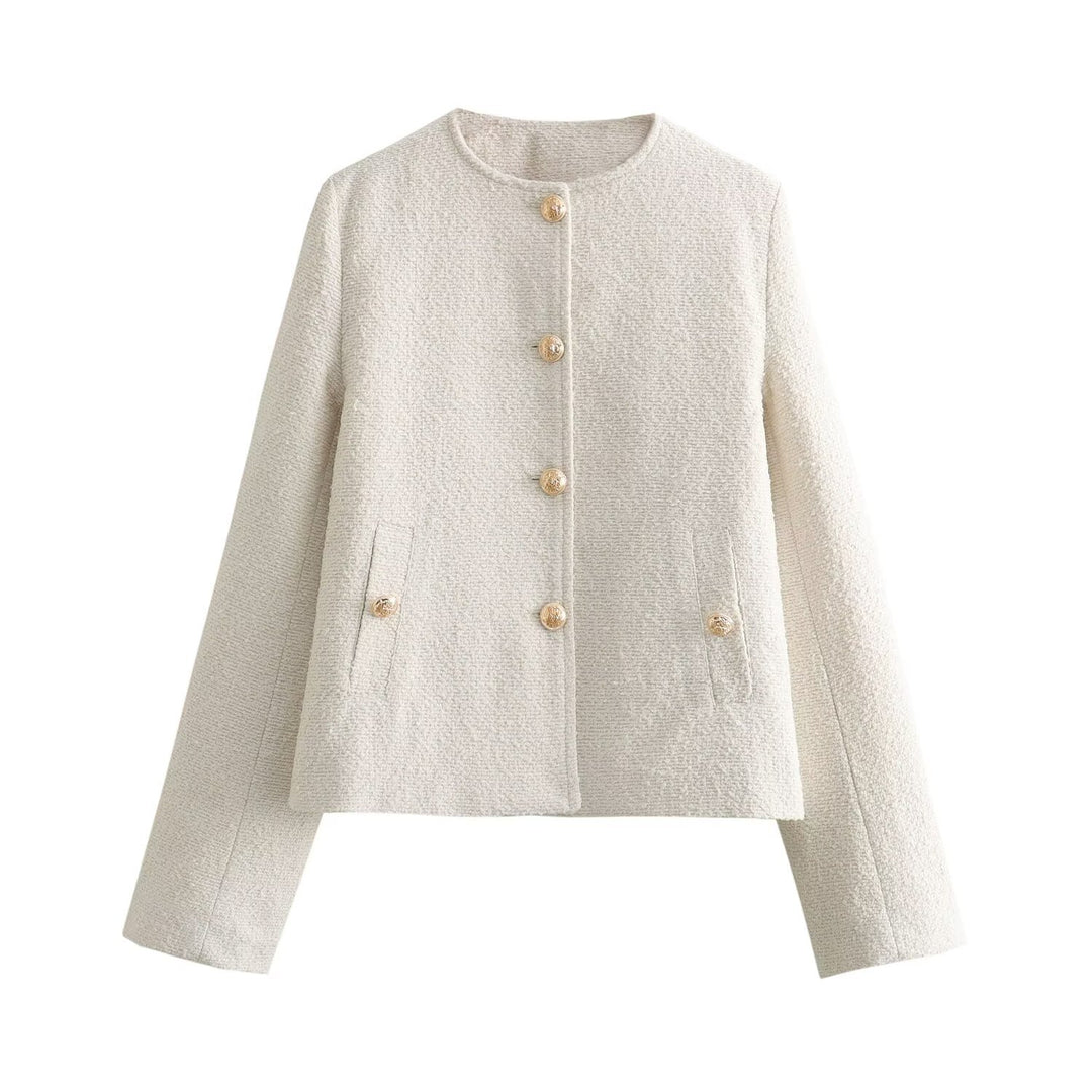 Women's Boxy Boucle Jacket with Round Neckline, Decorative Button Placket and Flap Pockets Amarae