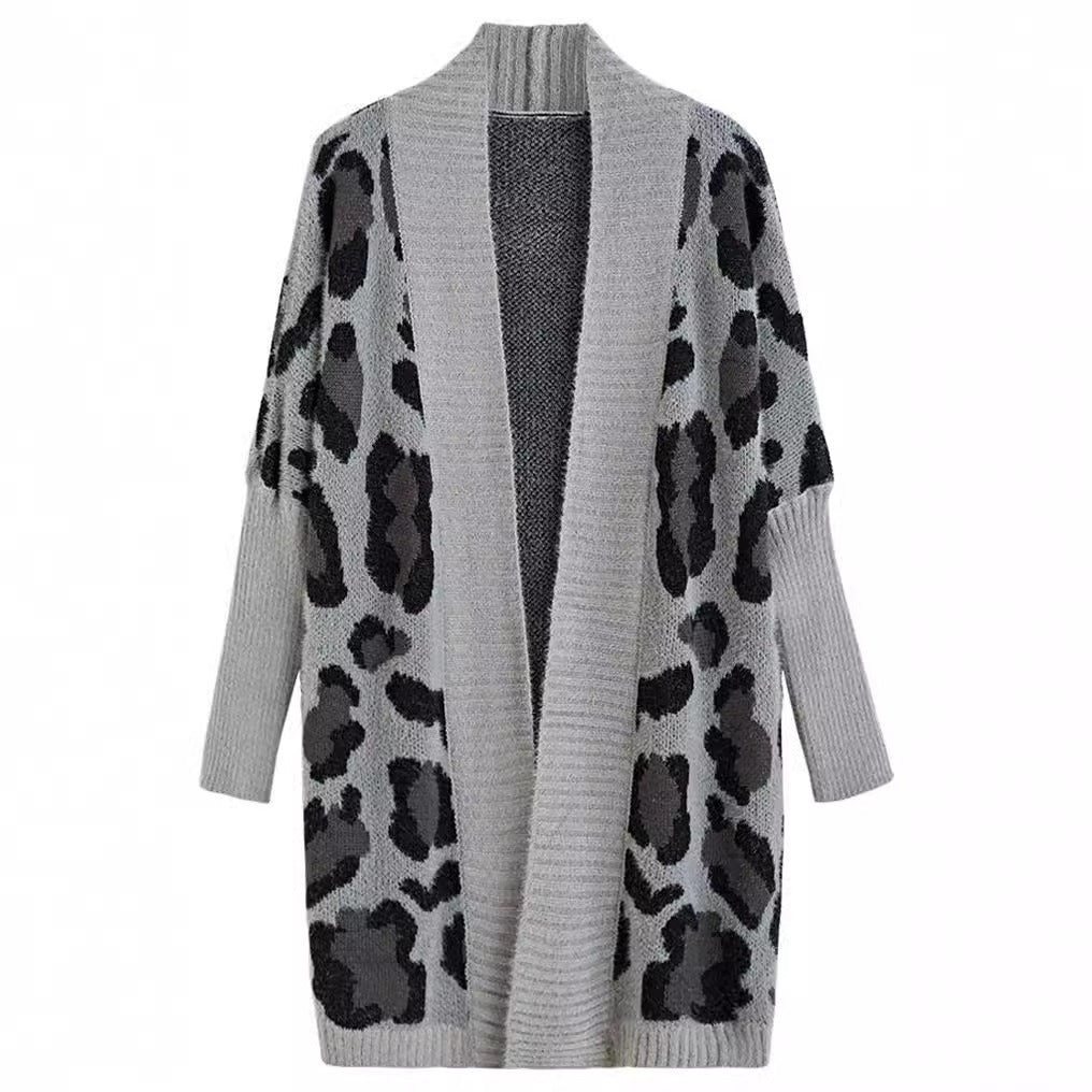 Ladies lightweight knitted cardigan with a modern leopard pattern and an open front Lune London