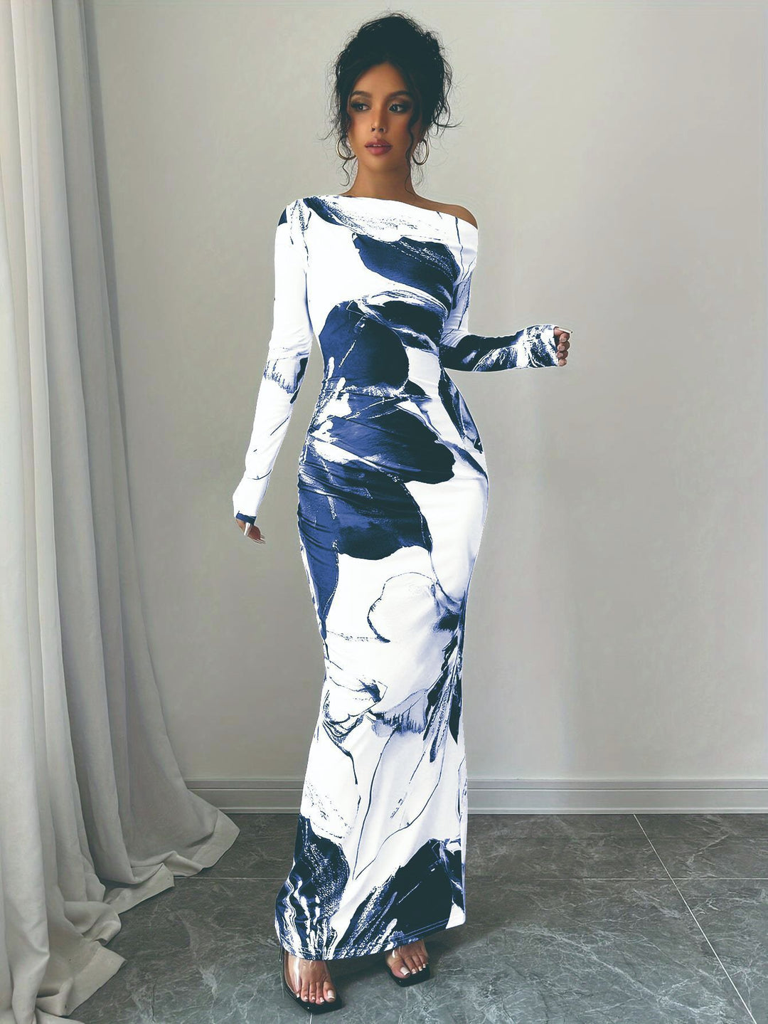 Ladies Elegant Maxi Dress with asymmetrical neckline and floral design Lune London