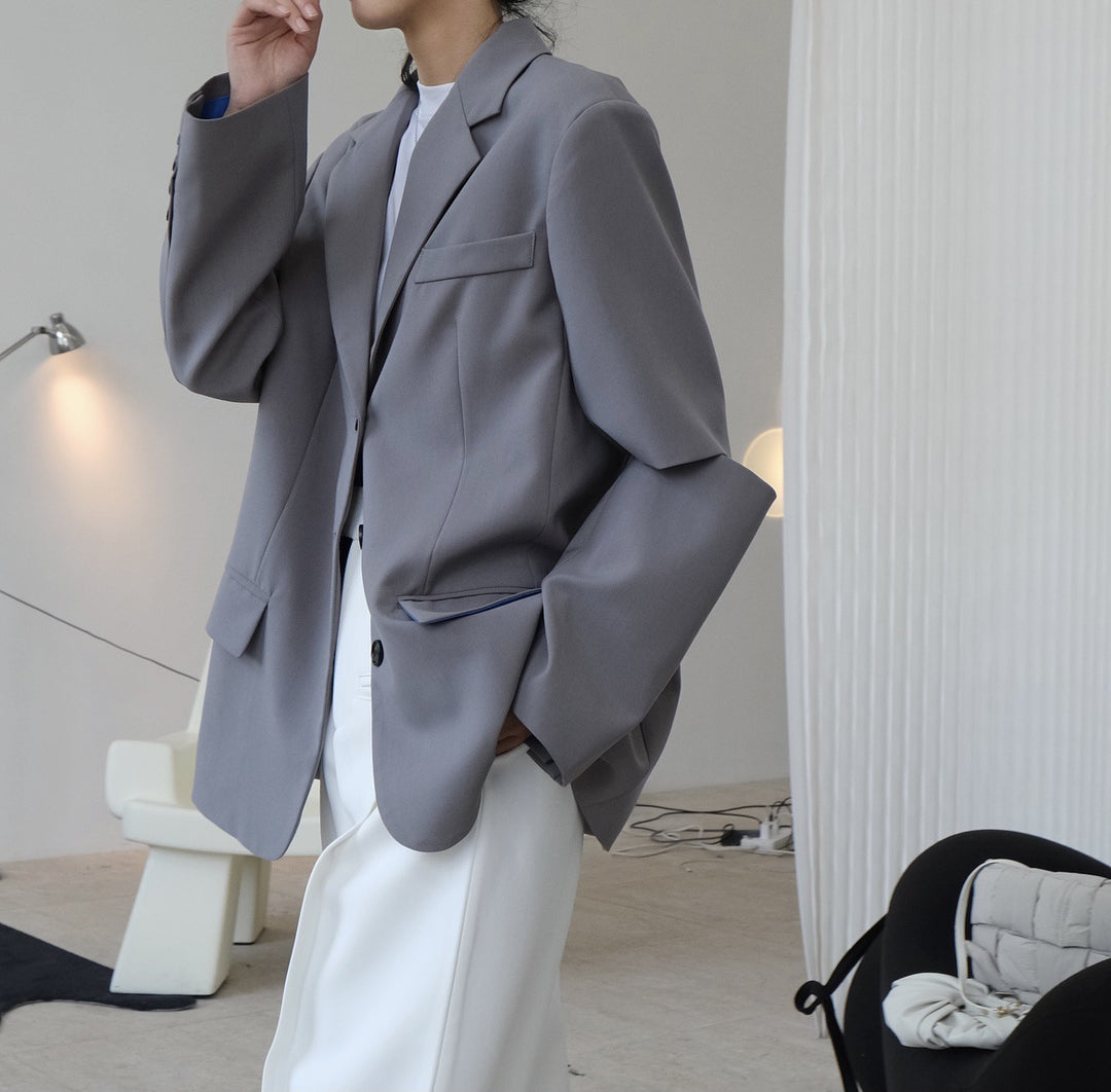 Women Single-Breasted Oversized Blazer with Boxy Silhouette and Piping Detail Amarae