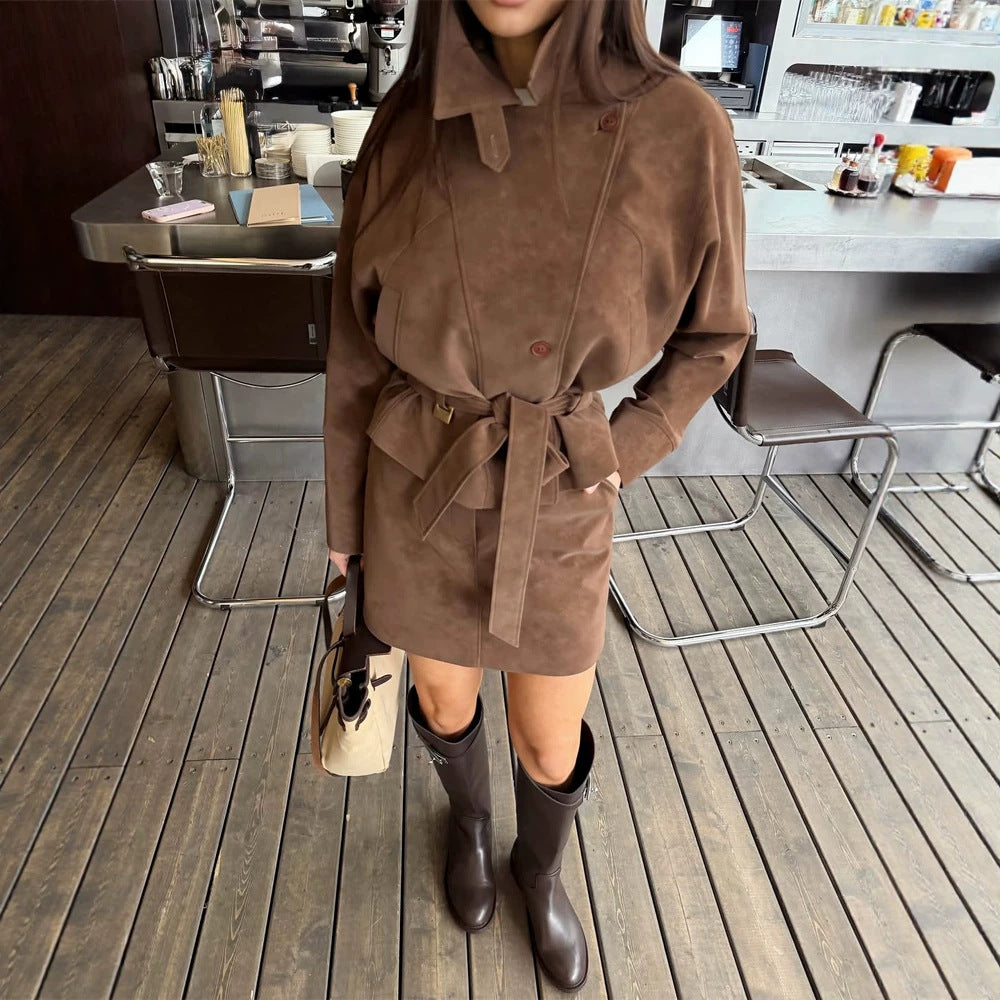 Women's Short Suede Set: Tailored Blouson with Stand Collar & Matching Mini Skirt Amarae