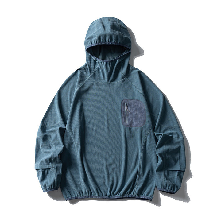 Unisex Lightweight Technical Hooded Pullover Wind Jacket with Chest Zipper Pocket and Elastic Hem Amarae