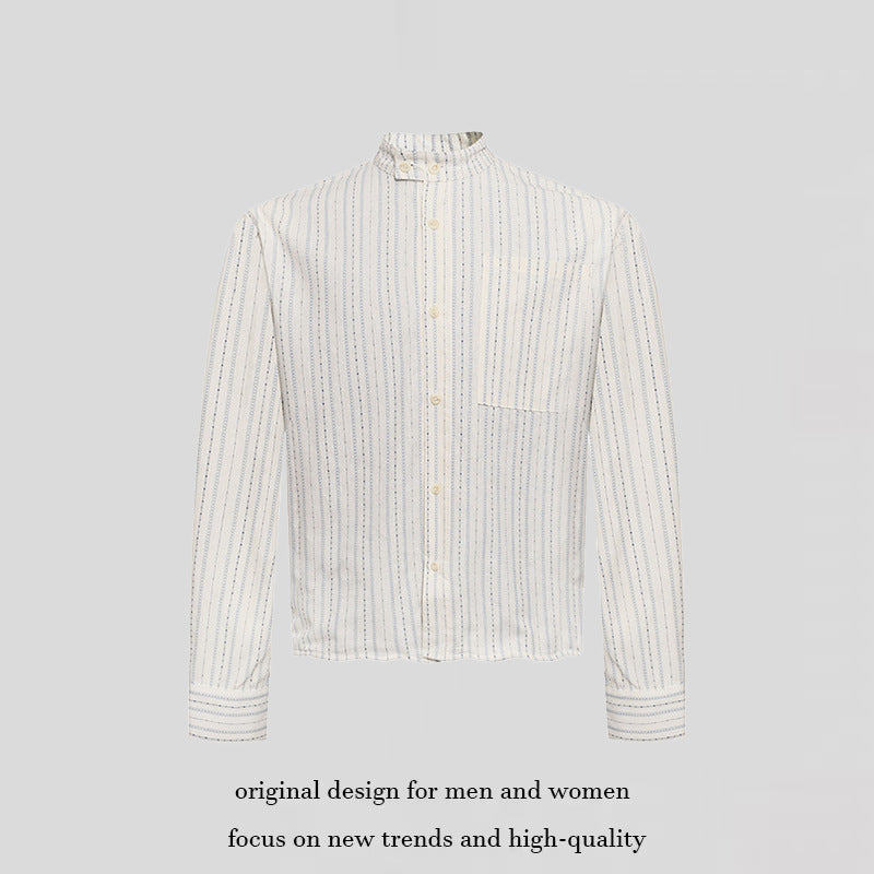 Men's Lightweight Long Sleeve Shirt with Stand-Up Collar, Fine Striped Pattern and Breast Pocket Amarae