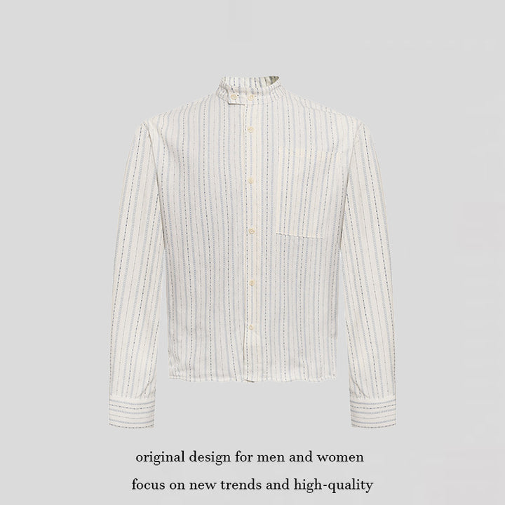 Men's Lightweight Long Sleeve Shirt with Stand-Up Collar, Fine Striped Pattern and Breast Pocket Amarae