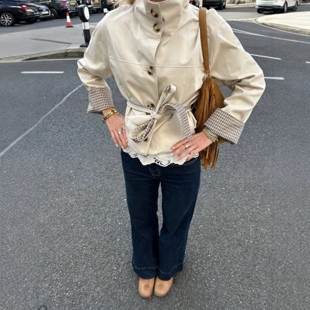 Women's Short Tailored Faux Leather Jacket with Stand-Up Collar, Check Cuffs & Tie Belt Amarae