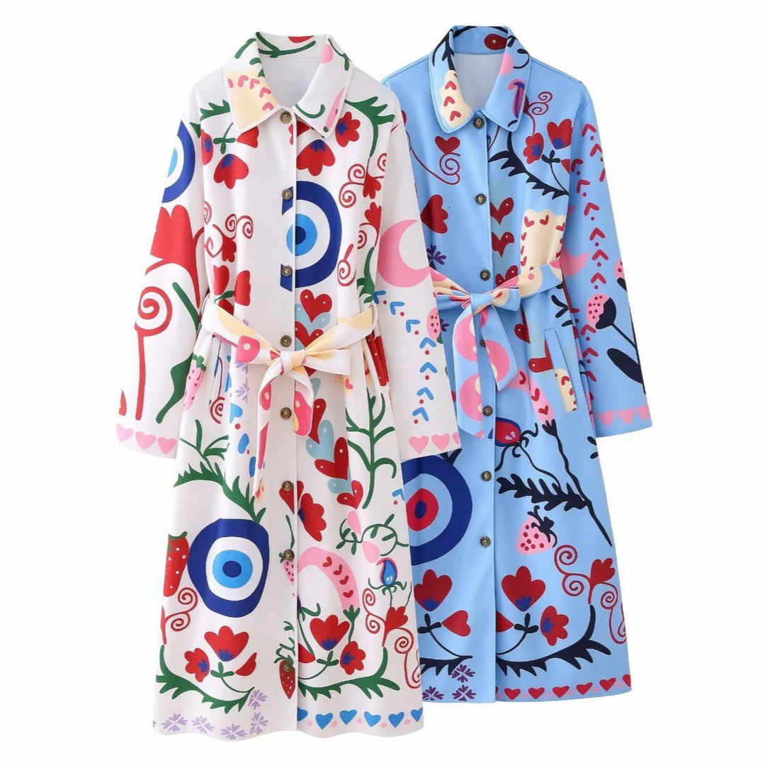 Women's Printed Maxi Shirt Coat with Waist Belt Amarae