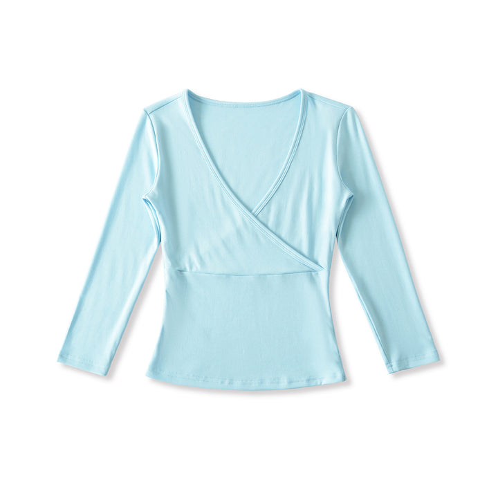 Women's figure-hugging wrap top made of stretch jersey with deep V-neck and tailored silhouette.