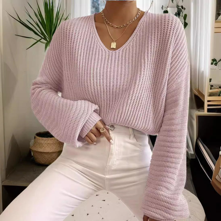 Casual knitted sweater for women with V-neck and wide sleeves Lune London