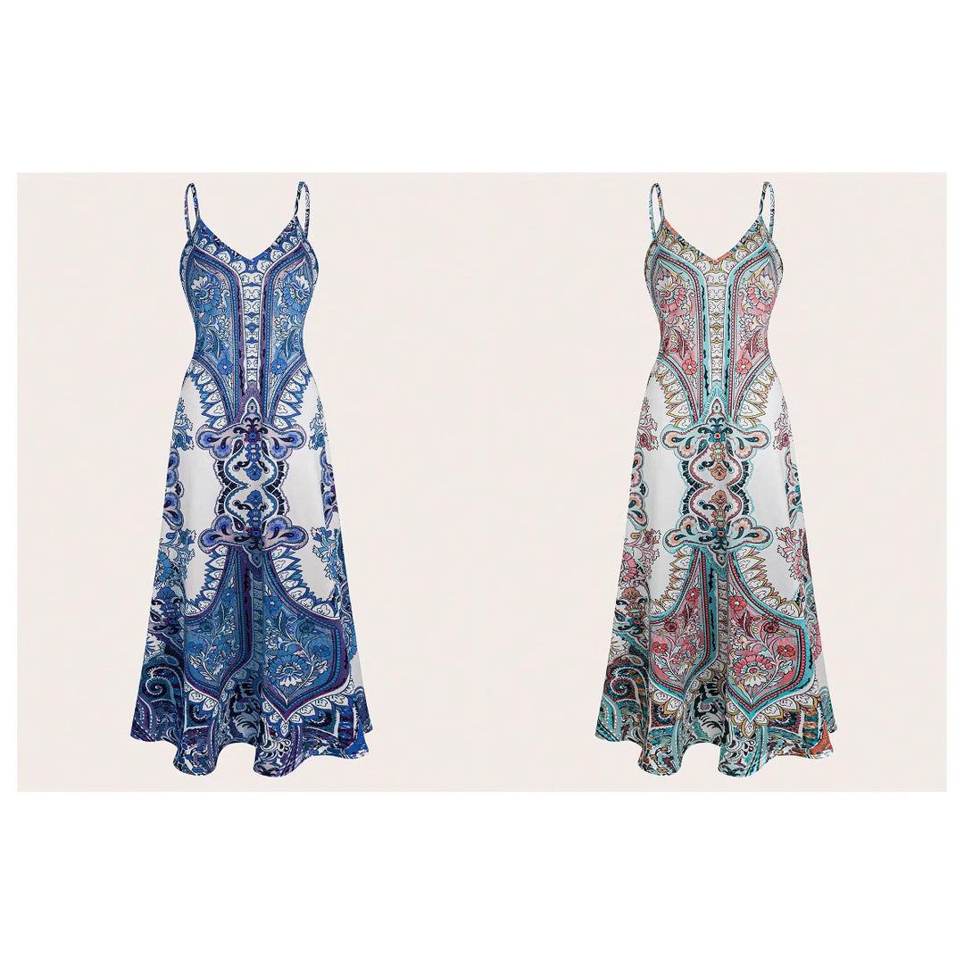 Ladies Elegant Long Max Dress with Delicate Pattern and Spaghetti Straps Lune London